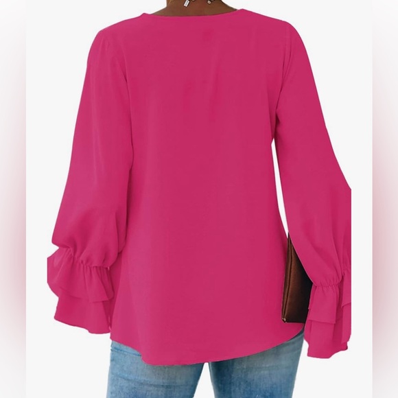 Blue Long-sleeved Ruffle V-neck Blouse - Picture 6 of 6
